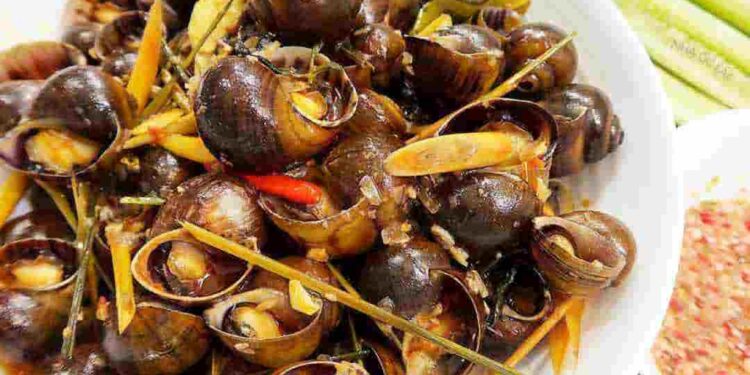Ốc bươu hấp và ăn cùng nước mắm sả thì hết sẩy